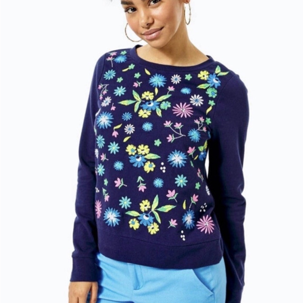 Lilly Pulitzer Floral Embroidered Navy Sweater